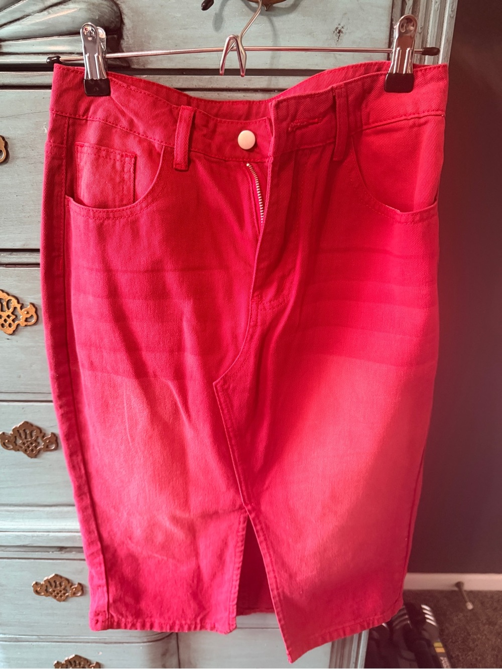 SHEIN Bright Red Denim Pencil Skirt with Front Slit